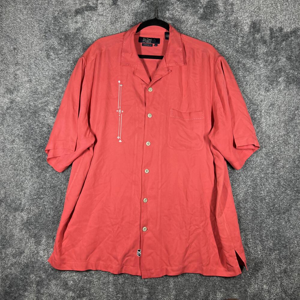 Nat Nast Shirt Mens XL Red Short Sleeve Button Up Silk Lightweight American Fit
